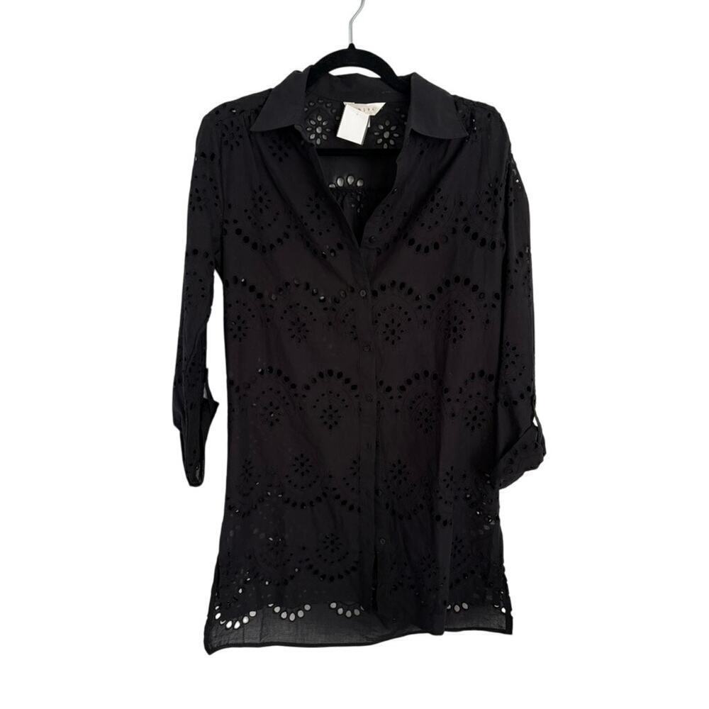 Women's M A Diva Black Eyelet-Embroidered Cover-Up Shirtdress Cotton